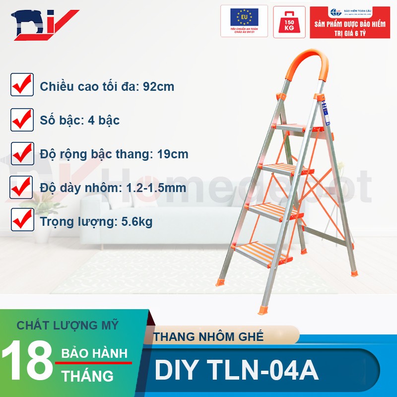 Thang nhôm ghế 4 bậc DIY TLN-04A bản bậc rộng, chiều cao sử dụng 92cm