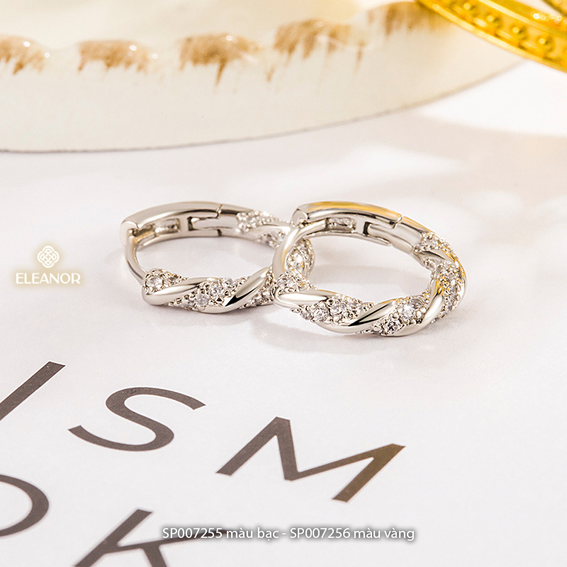 Bông tai nữ chuôi bạc 925 Eleanor Accessories dáng tròn viền xoắn đính đá phụ kiện trang sức 7255