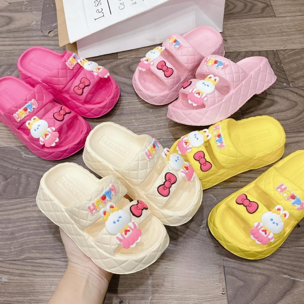 Dép bánh mì 2 quai thỏ happy nơ đế cao siêu mềm êm chân bé