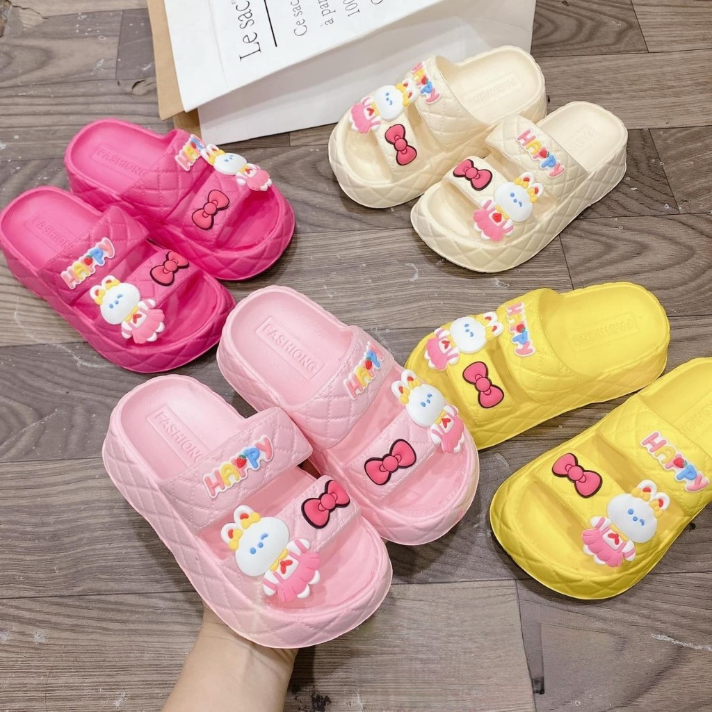 Dép bánh mì 2 quai thỏ happy nơ đế cao siêu mềm êm chân bé