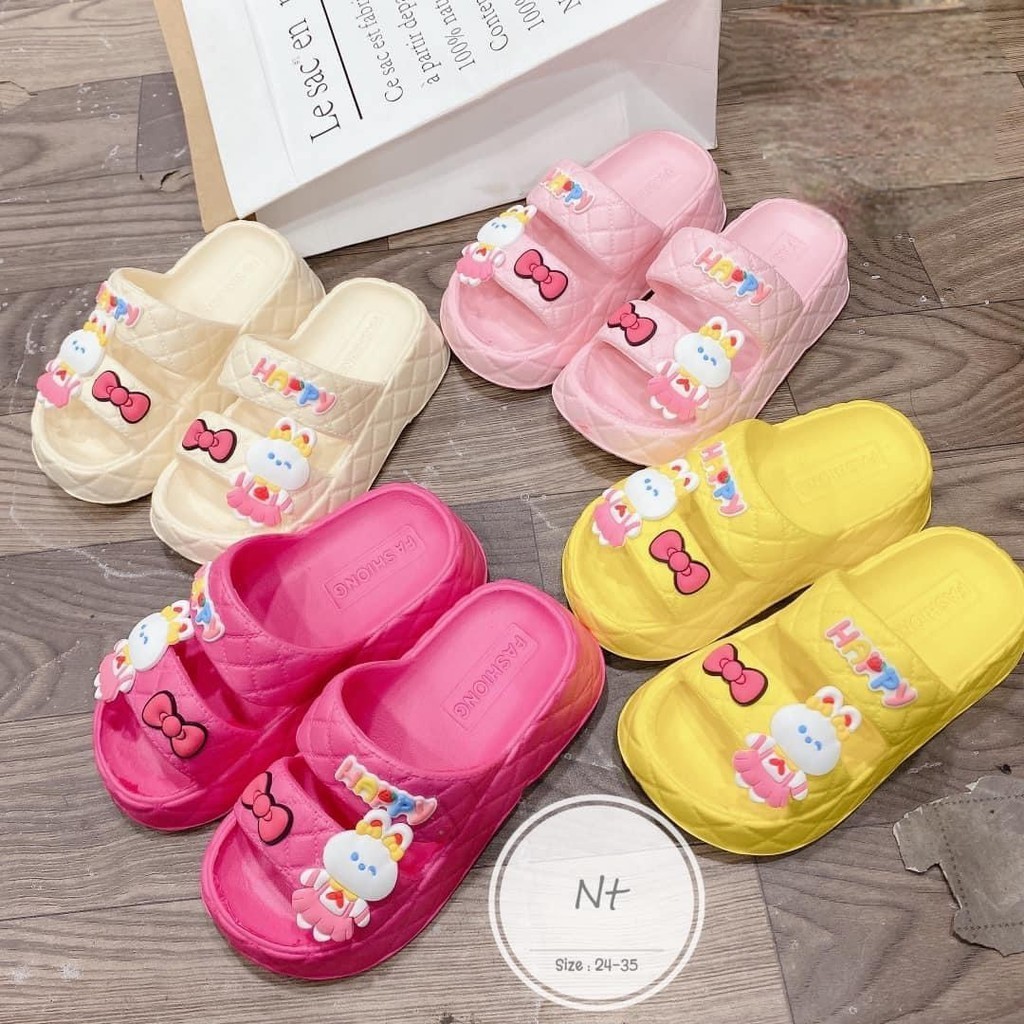 Dép bánh mì 2 quai thỏ happy nơ đế cao siêu mềm êm chân bé