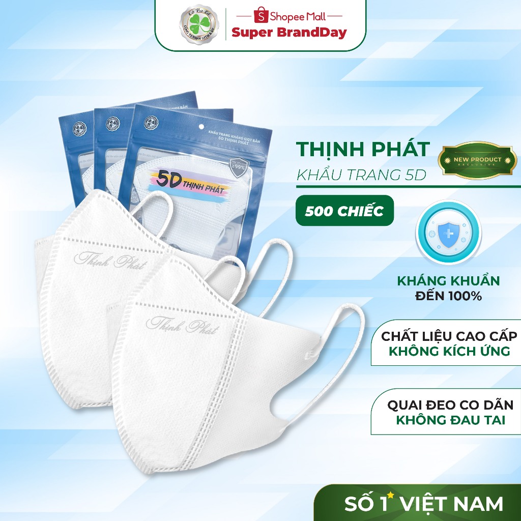 500 chiếc khẩu trang 5D Thịnh Phát 3 lớp kháng khuẩn kháng giọt bắn chống tia UV Cỏ Ba Lá