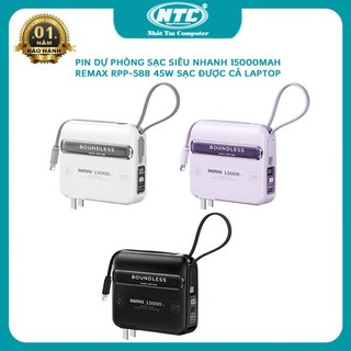 [CÓ 3C] Pin dự phòng sạc nhanh 45W Remax RPP-588 15000mAh tích hợp 2 cáp sạc cả laptop chân cắm 220v