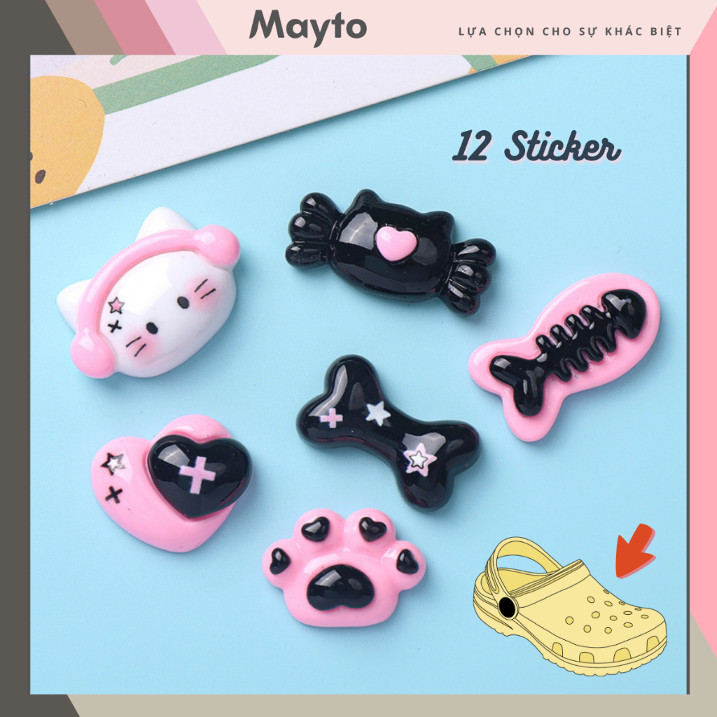 Bộ 12 Sticker, Charm 3D chủ đề Mèo hồng đen DIY Mayto gắn Dép Cross ...