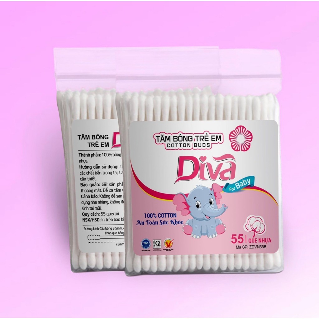 Ảnh Tặng 2 gói khi mua 10 gói Tăm bông kháng khuẩn Diva Baby dành cho Trẻ Sơ Sinh 100% Bông Tự Nhiên 1