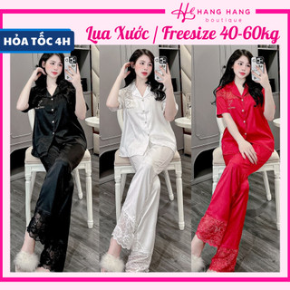 Đồ ngủ nữ 40-60kg, pijama dài cộc tay ngắn viền ren lụa xước mềm mát 60CD12, đồ bộ nữ đồ mặc nhà trơn sang chảnh