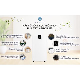 Máy Hút Ẩm & Lọc Không Khí ULTTY HERCULES, Công nghệ lọc plasmacluster ion, Bình chứa 5,5L, BH 2 năm