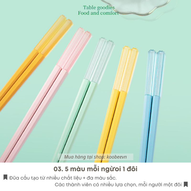 Bộ 5 Đôi Đũa Sợi Thủy Tinh Kháng Khuẩn KOOBEE – 5 Màu Cao Cấp, Không Mốc, Chống Trơn, Chịu Nhiệt, Dùng Máy Rửa Bát| 009