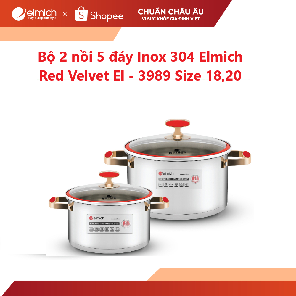 Bộ 2 nồi 5 đáy Inox 304 Elmich Red Velvet El - 3989 Size 18,20
