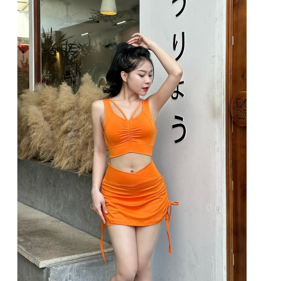 Bộ thể thao tập gym, bộ tập erobic, zumba, shuffer dance váy áo rút dây cạp chéo chất thun poly