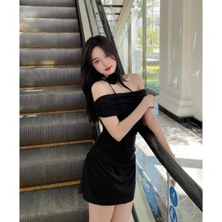 [Tặng Hoa Cài] Váy Trễ Vai - Đầm Trễ Vai Nhún Eo Hack Dáng Màu Đen b05