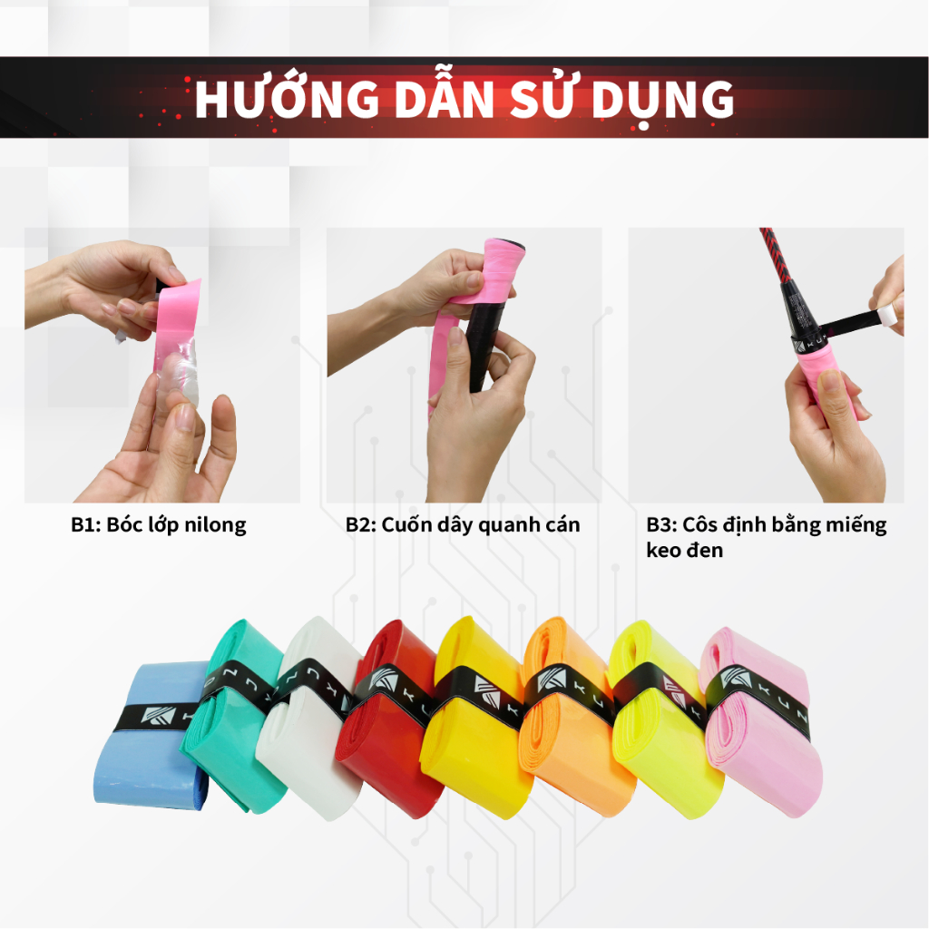 Ảnh Quấn Cán Vợt Cầu Lông KUNO, Bề Mặn Mịn, Mỏng, Bám Tay Và Cảm Vợt Tốt, Chống Trơn Trợt QC05 2