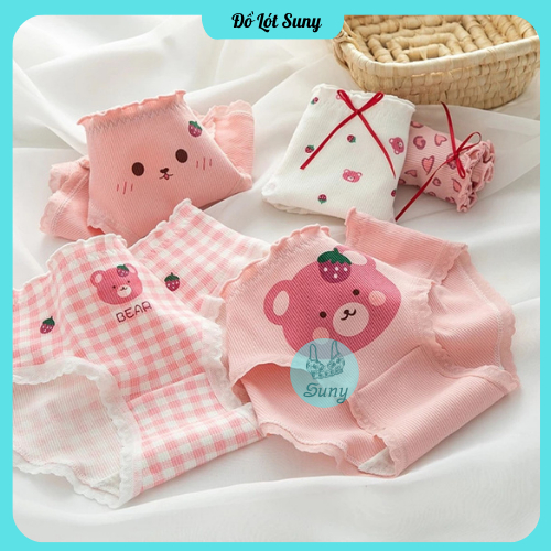 Hộp 5 Quần Lót Nữ, Quần Lót Cotton Tăm Họa Tiết Gấu Hồng