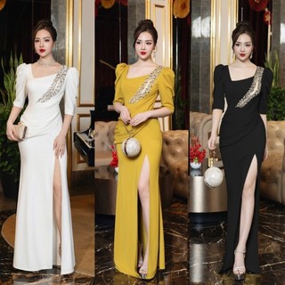 Đầm dạ hội thiết kế xẻ ngực xéo kết đá pha lê cao cấp