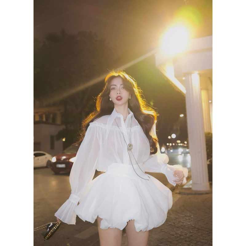 MIU.STUDIO | Set tơ bồng bềnh áo sơmi tay dài bồng nhúm bèo chiết eo phối chân váy xoè bồng-3 màu tiểu thư sang chảnh