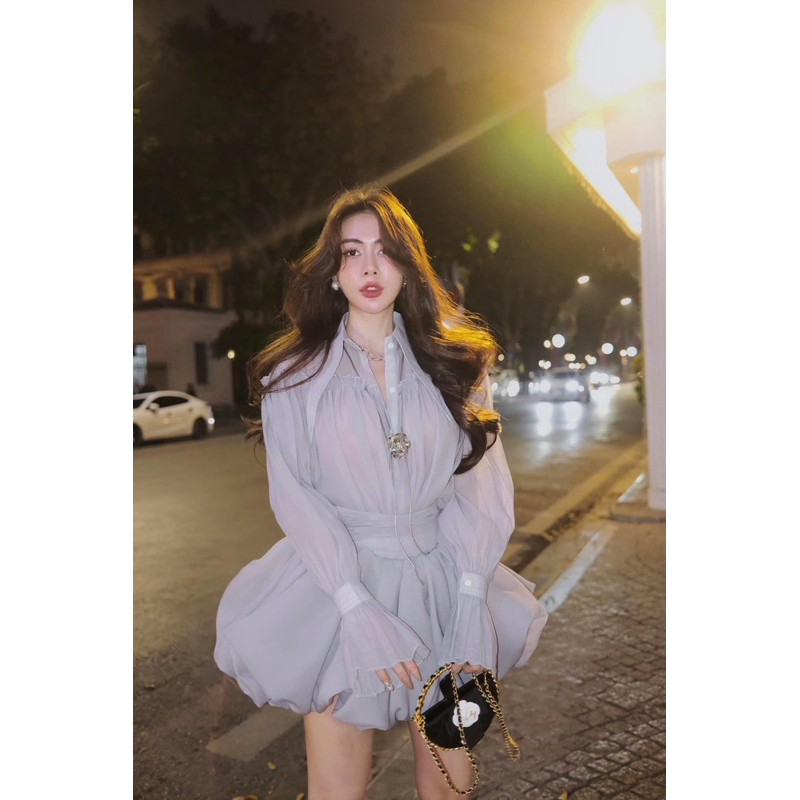 MIU.STUDIO | Set tơ bồng bềnh áo sơmi tay dài bồng nhúm bèo chiết eo phối chân váy xoè bồng-3 màu tiểu thư sang chảnh
