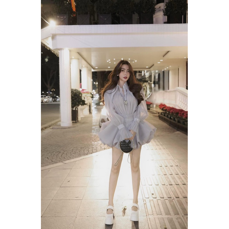 MIU.STUDIO | Set tơ bồng bềnh áo sơmi tay dài bồng nhúm bèo chiết eo phối chân váy xoè bồng-3 màu tiểu thư sang chảnh