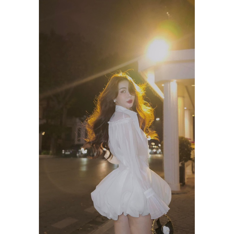 MIU.STUDIO | Set tơ bồng bềnh áo sơmi tay dài bồng nhúm bèo chiết eo phối chân váy xoè bồng-3 màu tiểu thư sang chảnh