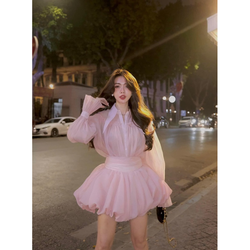 MIU.STUDIO | Set tơ bồng bềnh áo sơmi tay dài bồng nhúm bèo chiết eo phối chân váy xoè bồng-3 màu tiểu thư sang chảnh