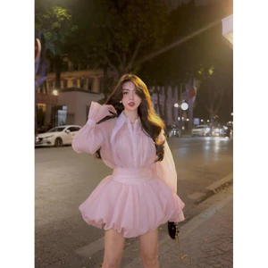 MIU.STUDIO | Set tơ bồng bềnh áo sơmi tay dài bồng nhúm bèo chiết eo phối chân váy xoè bồng-3 màu tiểu thư sang chảnh