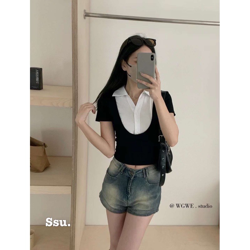 Áo croptop cộc tay phối cổ sơ mi, áo cộc nữ phố cổ sơ mi dáng baby tee (139) Huyenstore