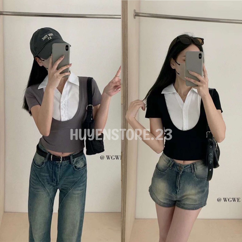 Áo croptop cộc tay phối cổ sơ mi, áo cộc nữ phố cổ sơ mi dáng baby tee (139) Huyenstore