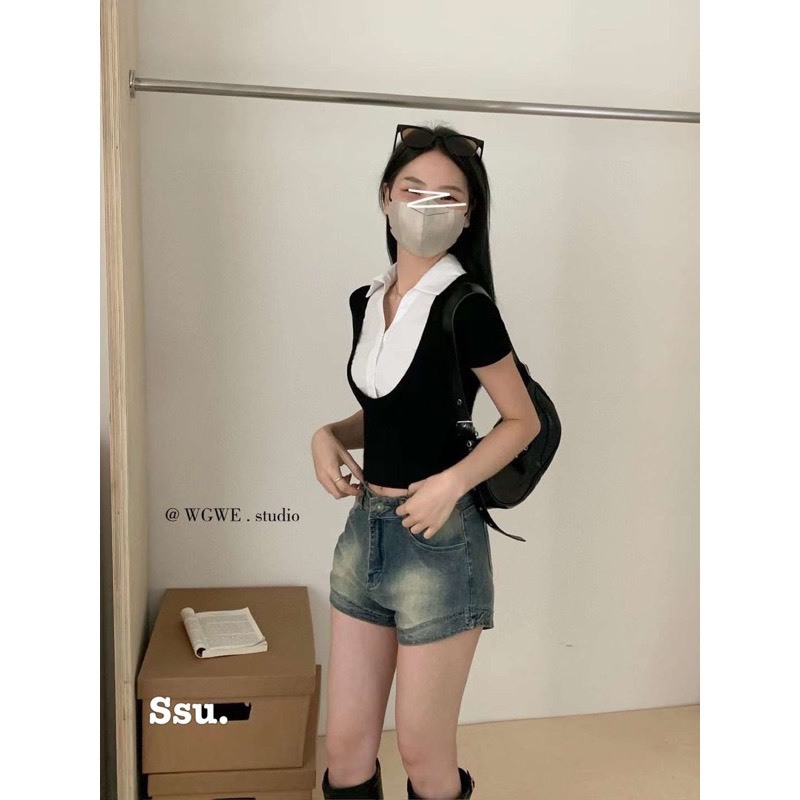 Áo croptop cộc tay phối cổ sơ mi, áo cộc nữ phố cổ sơ mi dáng baby tee (139) Huyenstore