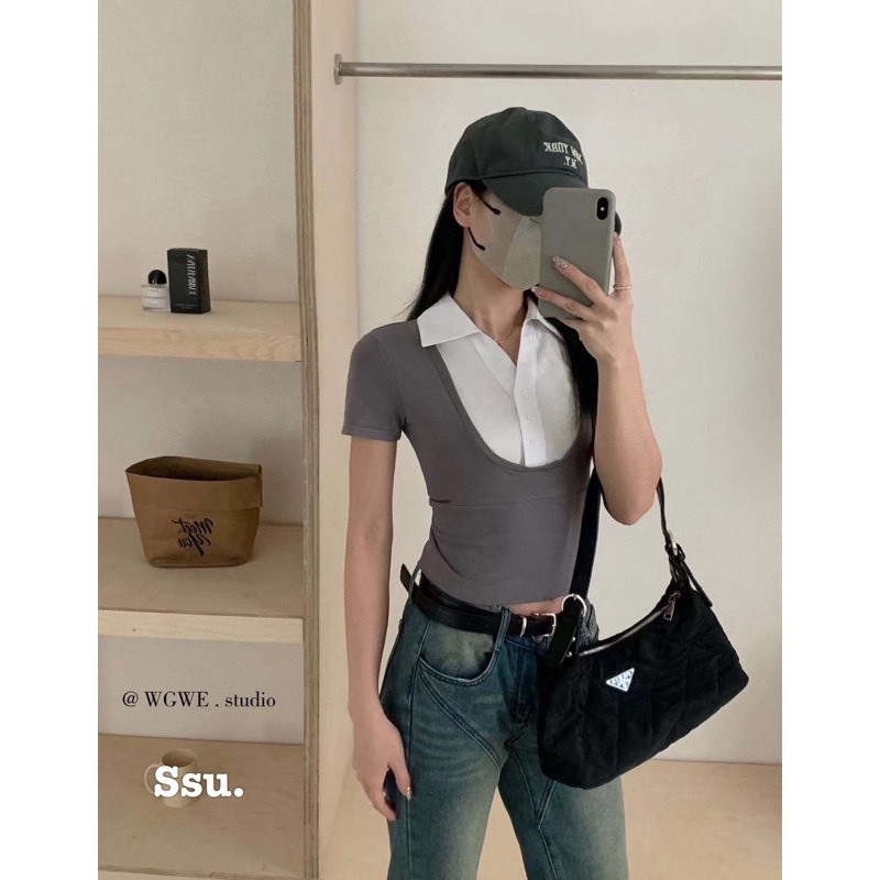 Áo croptop cộc tay phối cổ sơ mi, áo cộc nữ phố cổ sơ mi dáng baby tee (139) Huyenstore