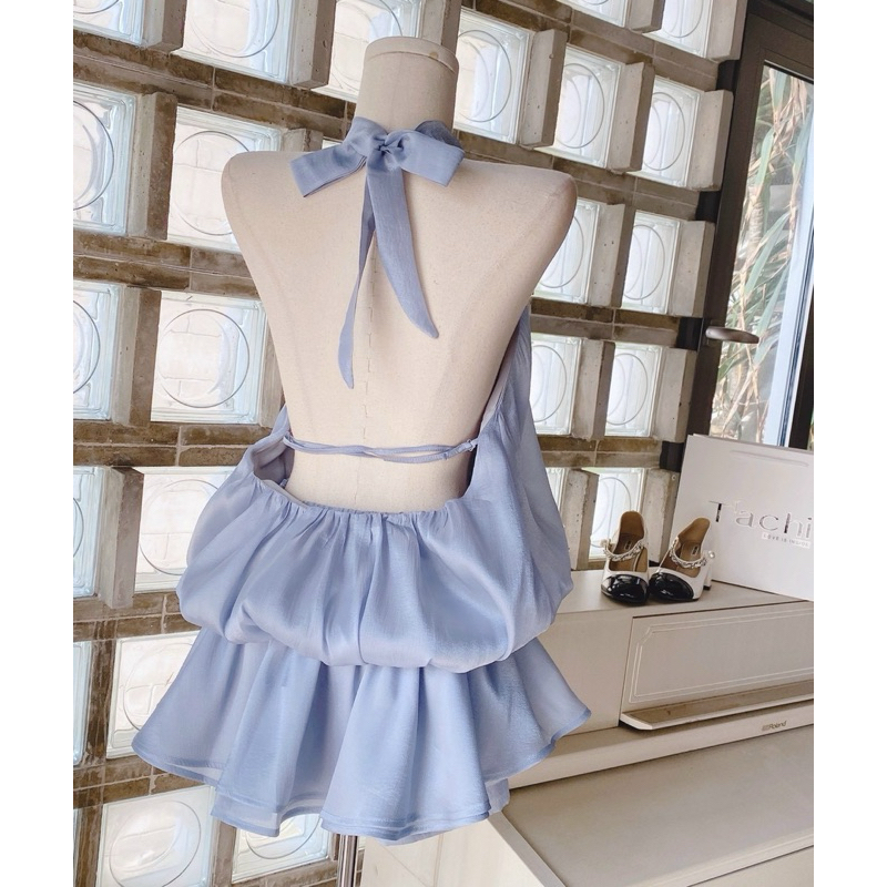 SET ĐẦM YẾM XANH TƠ ÁNH NHŨ HỞ LƯNG XÒE DÁNG BÍ PHỒNG + QUẦN SHORT XANH LƯNG THUN