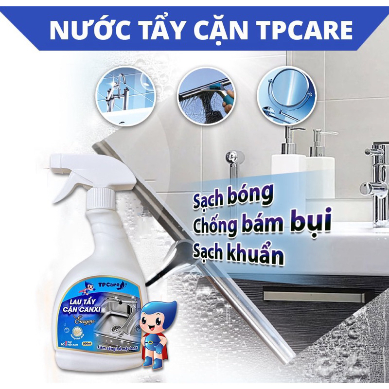 Tẩy cặn canxi Tp Care, tẩy kính, vòi sen,vòi lavabo, chậu sứ, chậu rửa mặt, gạch men, gương soi