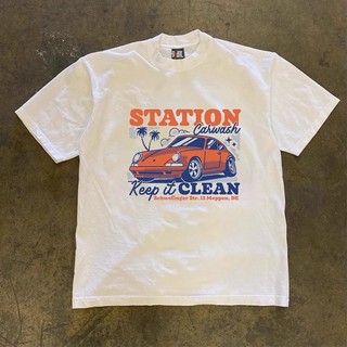 Áo Phông Nam Nữ Cổ Trong Phối Hình Ô Tô STATION Phong Cách Thể Thao Trẻ Trung, Chất Vải Cotton Khô Mềm Mịn Thoáng Mát