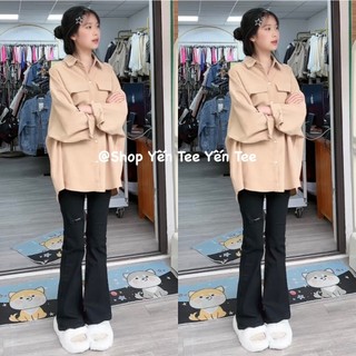 ( Ảnh thật ) Áo sơ mi 2 túi nắp màu nâu vàng tôn da chất nhung dầy , mịn cao cấp #011