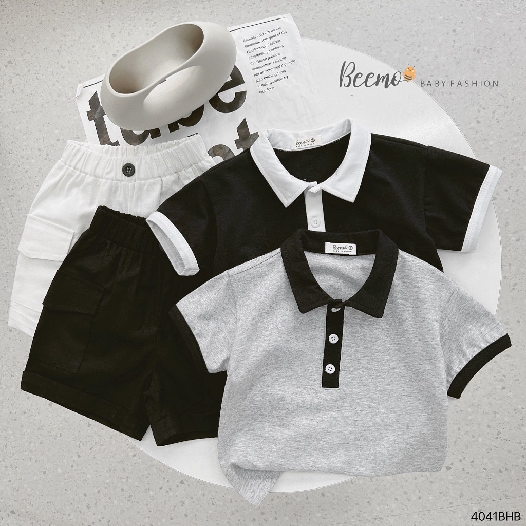 Bộ cotton cộc tay cổ polo phối khuy cho bé, bộ thun tay ngắn áo cotton quần thô cá tính cho bé