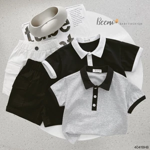 Bộ cotton cộc tay cổ polo phối khuy cho bé, bộ thun tay ngắn áo cotton quần thô cá tính cho bé