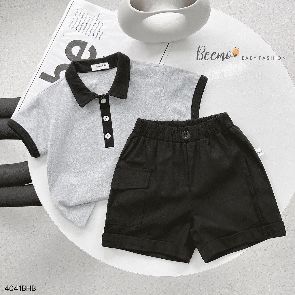 Bộ cotton cộc tay cổ polo phối khuy cho bé, bộ thun tay ngắn áo cotton quần thô cá tính cho bé