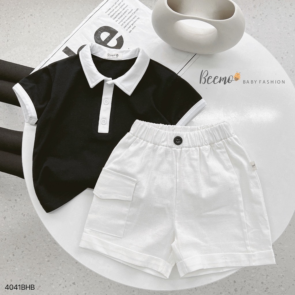 Bộ cotton cộc tay cổ polo phối khuy cho bé, bộ thun tay ngắn áo cotton quần thô cá tính cho bé