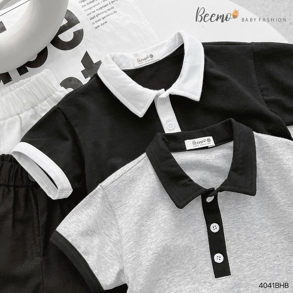 Bộ cotton cộc tay cổ polo phối khuy cho bé, bộ thun tay ngắn áo cotton quần thô cá tính cho bé