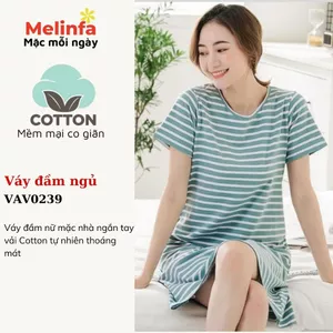 Váy đầm ngủ nữ ngắn tay kẻ ngang mặc nhà hàng ngày vải Cotton tự nhiên thoáng mát mã VAV0239