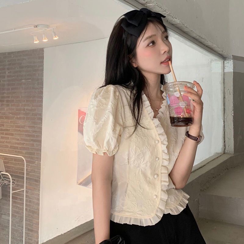 Áo sơmi nữ cổ V tay bồng phối viền bèo đi học đi làm, áo cộc ngắn tay kiểu Hàn (CÓ BIG SIZE) MT33 SP96