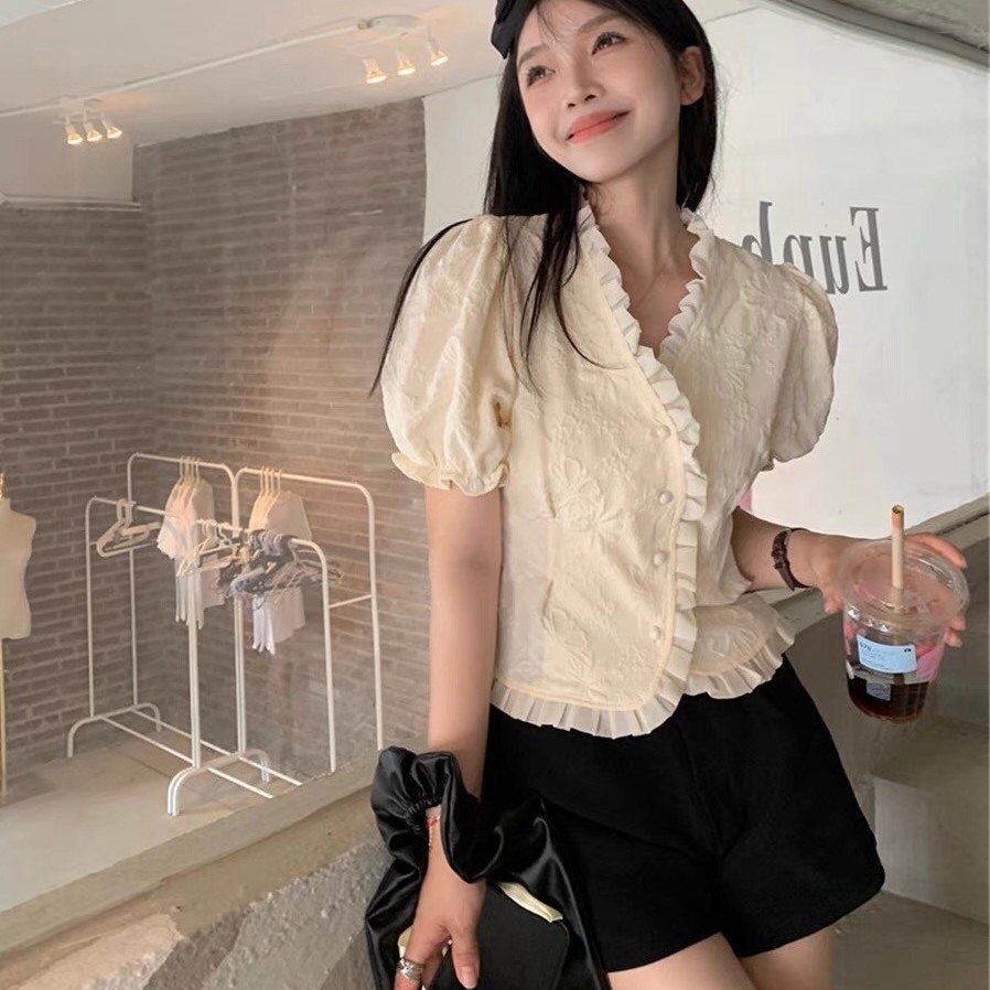 Áo sơmi nữ cổ V tay bồng phối viền bèo đi học đi làm, áo cộc ngắn tay kiểu Hàn (CÓ BIG SIZE) MT33 SP96
