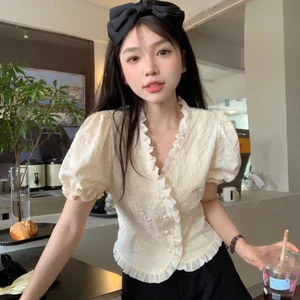 Áo sơmi nữ cổ V tay bồng phối viền bèo đi học đi làm, áo cộc ngắn tay kiểu Hàn (CÓ BIG SIZE) MT33 SP96