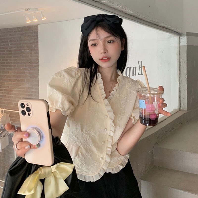 Áo sơmi nữ cổ V tay bồng phối viền bèo đi học đi làm, áo cộc ngắn tay kiểu Hàn (CÓ BIG SIZE) MT33 SP96