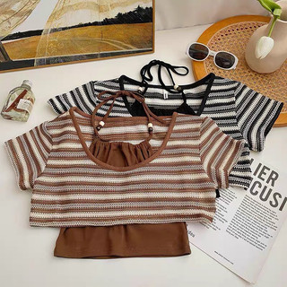 Set áo yếm thun mix áo croptop len lỗ lỡ cộc tay cá tính lắm 502