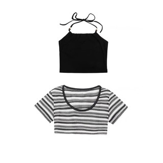 Set áo yếm thun mix áo croptop len lỗ lỡ cộc tay cá tính lắm 502