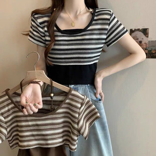 Set áo yếm thun mix áo croptop len lỗ lỡ cộc tay cá tính lắm 502