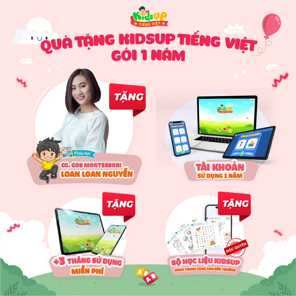Khóa học Kids Up - KidsUp Tiếng Việt Gói 1 năm tặng 3 tháng