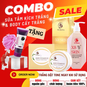 COMBO SỮA TẮM KÍCH TRẮNG X3SKIN & BODY CẤY VITAMIN B3 TẶNG TẨY TẾ BÀO CHẾT + BÔNG TẮM