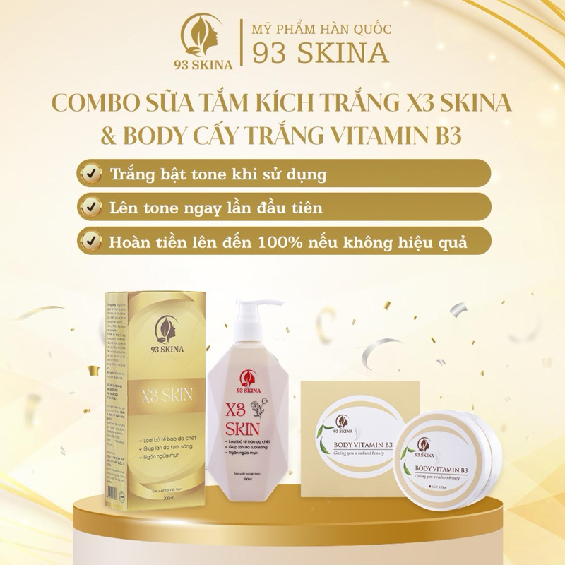 COMBO SỮA TẮM KÍCH TRẮNG X3SKIN & BODY CẤY VITAMIN B3 TẶNG TẨY TẾ BÀO CHẾT + BÔNG TẮM