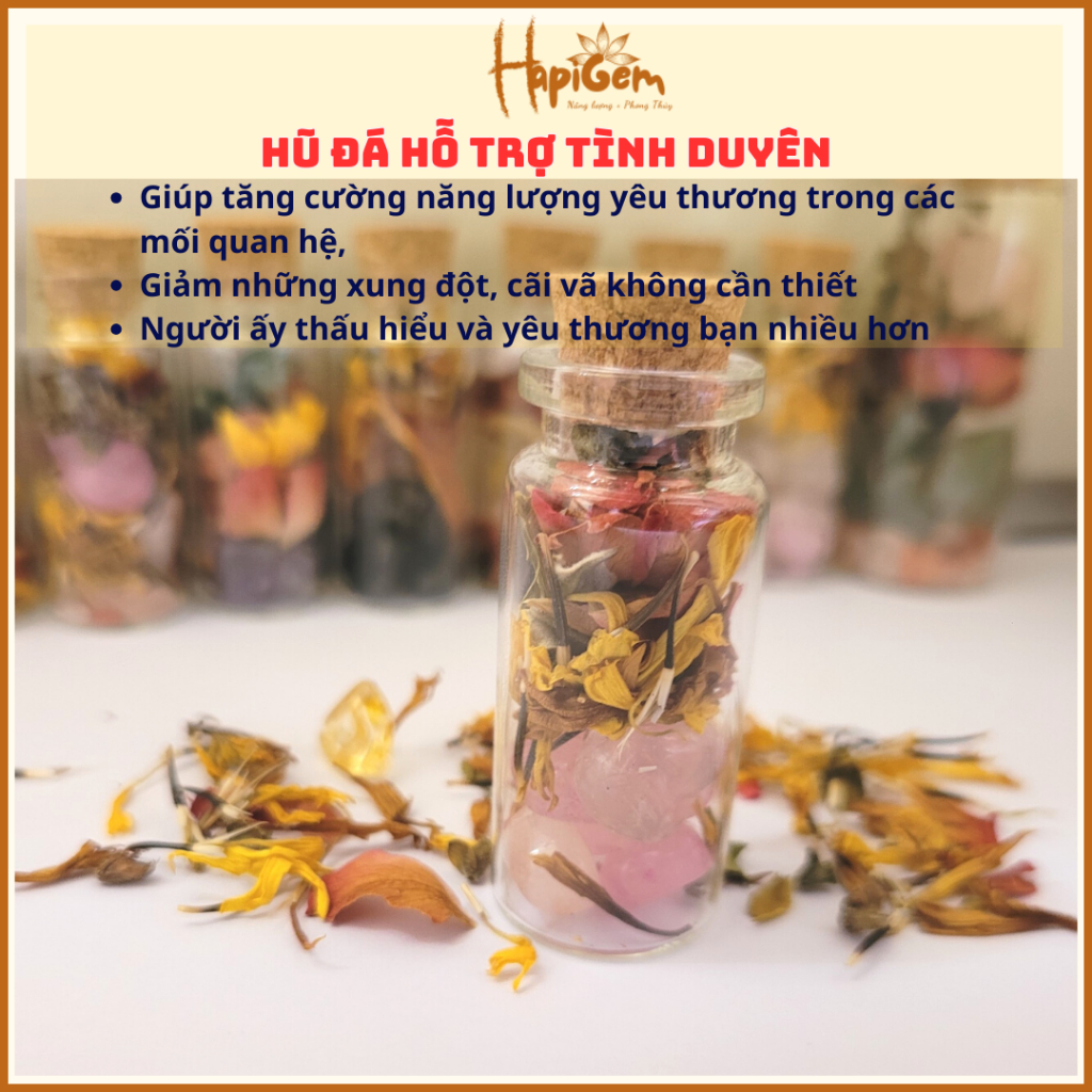 Hũ đá trợ lực tình duyên - thạch anh mix thảo mộc thiên nhiên- giúp tăng cường năng lượng yêu thương Hapi gems