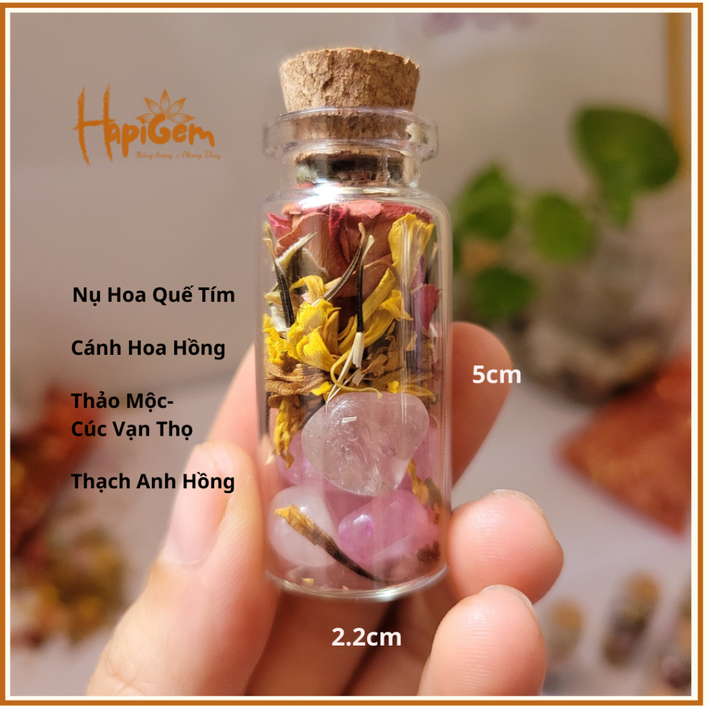 Hũ đá trợ lực tình duyên - thạch anh mix thảo mộc thiên nhiên- giúp tăng cường năng lượng yêu thương Hapi gems